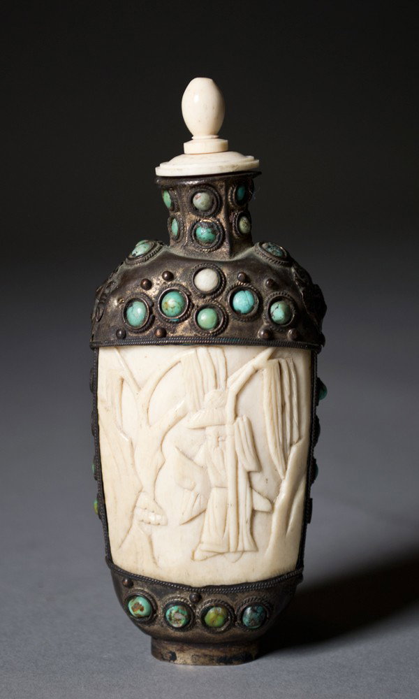 Chinese Mongolian Silver Bone Snuff Bottle: Depicting a scholar holding a harp. 4.75"H