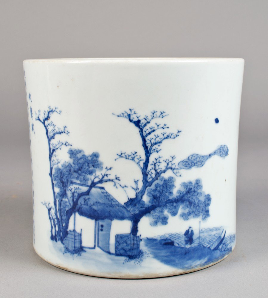Chinese Blue & White Porcelain Brush Pot: Finely painted to depict a land scope and figures and homes the reverse with multiple lines of calligraphy four character mark in underglaze blue 6.25"H X 7"D circa republic period.