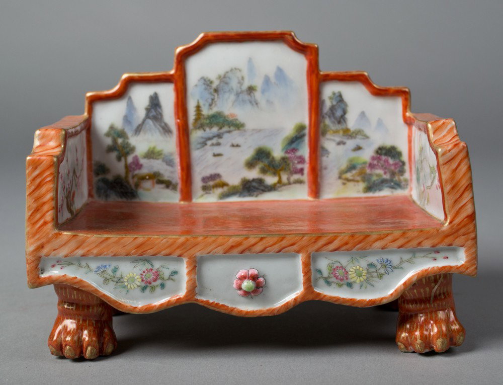 Chinese Famille Rose Porcelain Chair: Depicting landscapes. 6"W X 4.5"H X 3.5"D.