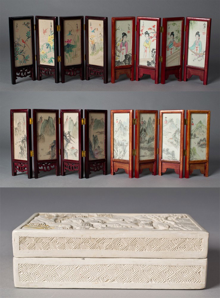 (2) Chinese, Table Screen & White Cinnabar Box: To include a Chinese 4 paneled table screen painted in watercolors depicting landscape and beauties set in wooden frames, 6.5" H x 11" W, circa early 20th century. Together with a Chinese Qing carved 