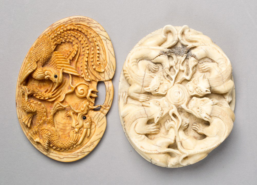 (2) Fine Chinese Carved Plaques: To include a large example carved on one side of a dragon chasing a flaming pearl the reverse finely carved to depict two five clawed dragons chasing a flaming pearl, 3.5"W stress crack through two of