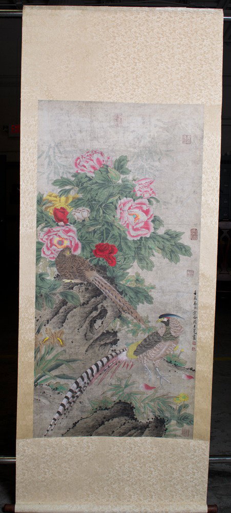 Chinese Scroll Painting Attributed to Zhou Zhimian: Attributed to Zhou Zhimian (1550-1610). Watercolor painting depicting a male and female pheasant in a floral landscape. Signature along right side with two iron red seal marks, and four additional iro