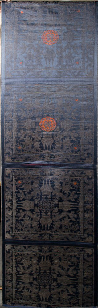 Chinese Qing Silver Thread Woven Brocade: Finely worked to depict five clawed dragons and censors probably a chair cover probably imperial 75.5"L x 20.5"W 18th to 19th century.