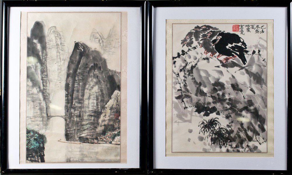 (2) Chinese Framed Watercolor Painting: The first by Peng Pei Quan depicting birds and rock signed dated 1979 13.5W X 18.25H, the second by Wang Wen Fang depicting a landscape dated 1976 site 13.5"W X 21.5"L.