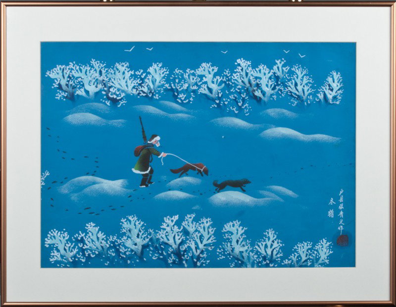 Chinese Watercolor Painting on Paper: Painted to depict a snow scene with hunter and dogs. Signed and sealed in LR. 20" H x 26" W (including frame). 20th century.