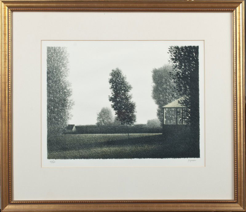 Robert Kipniss, Limited Edition Lithograph: Titled, "Porch," depicting kempt trees with partial buildings. Signed in pencil in LR, edition no. 80/250 in LL. Robert Kipniss, (1931-), New York, known for monochromatic vista and graphics. Matted a