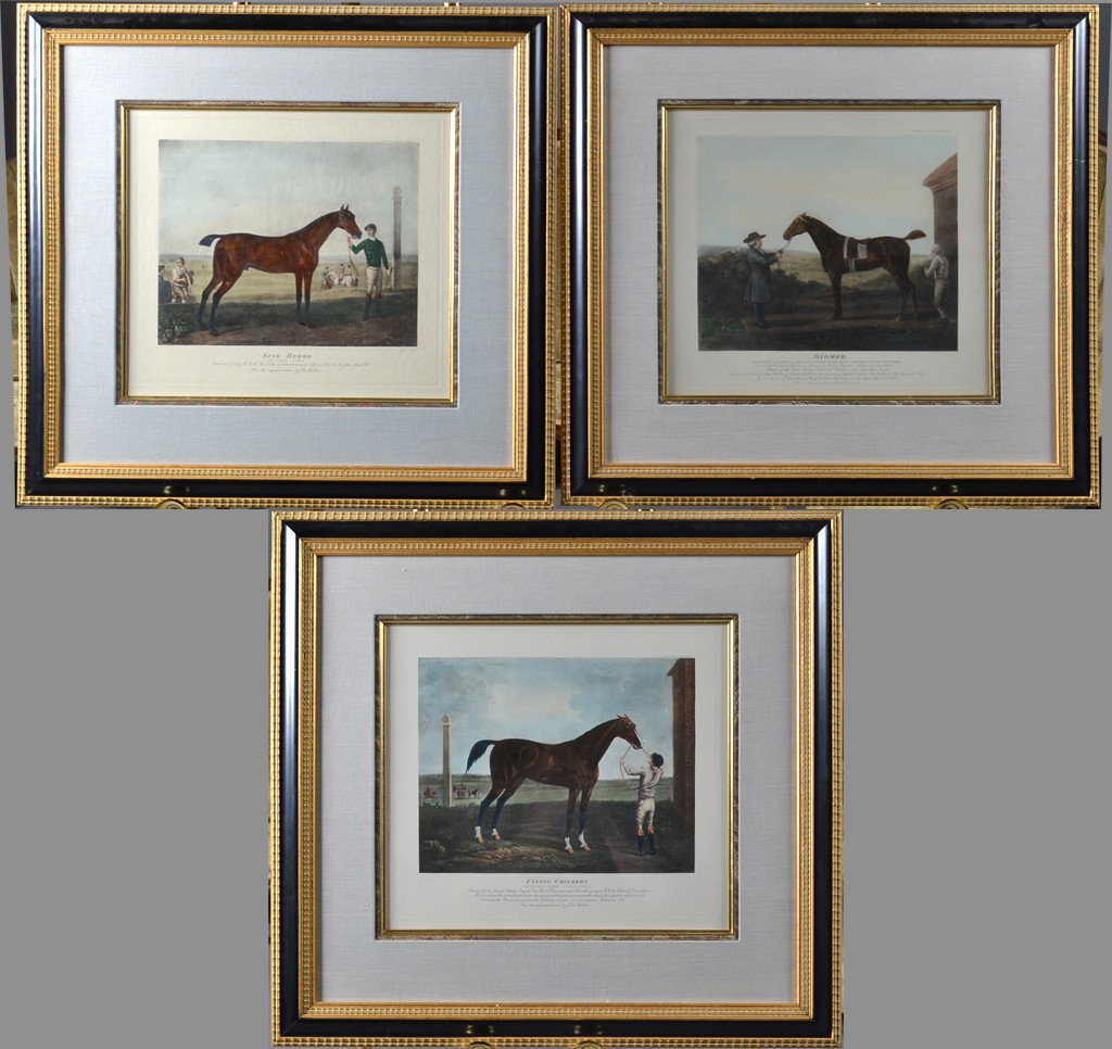 (3) Colored Horse "Famous Sires "Lithographs: Includes "Flying Childers," "King Herod," and "Diomed." With description on tag en verso regarding the breeding of English and Arabian horses in 1566 by James I. Each with linen matt, framed in painte