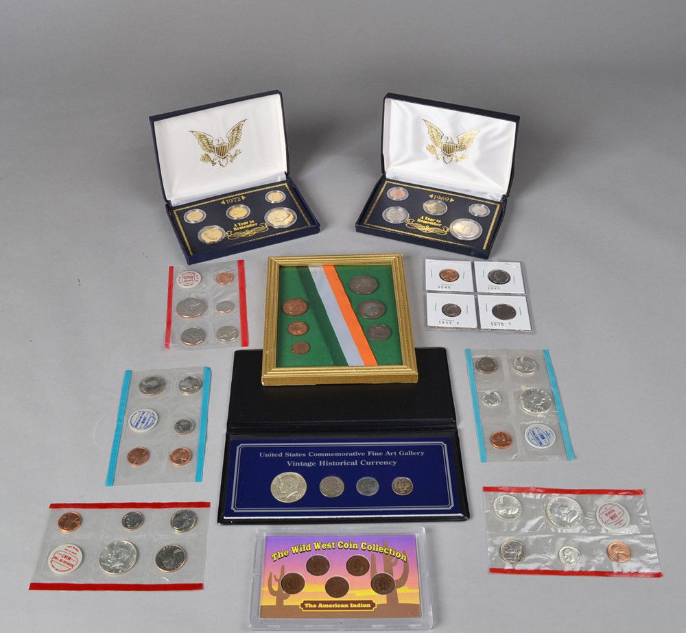 (11) American & Irish Coin Proof Sets: Includes A Year to Remember 1969, a framed Irish proof set, a United States Commemorative Fine Art Gallery, A Year to Remember 1972, The Wild West Coin Collection, five Bureau of the Mint, and a four
