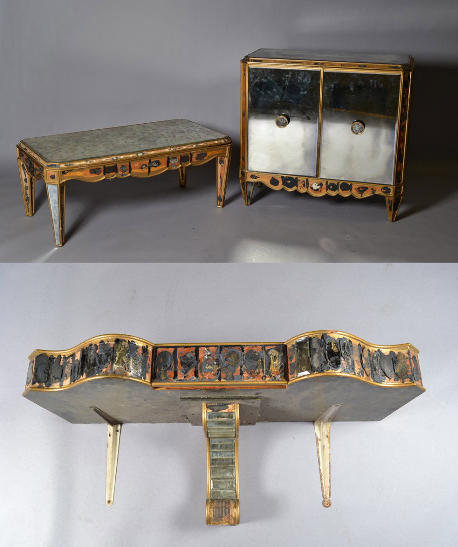 (3) Piece Mirrored French Art Deco: To include a coffee table, 18" H x 40.5" L x 24" D, a wall shelf 38" L x 16" D, and a dresser, 36" H x 38" W x 18" D. Mirrors need re-silvering, lacking some mirrors. Circa 20th century.