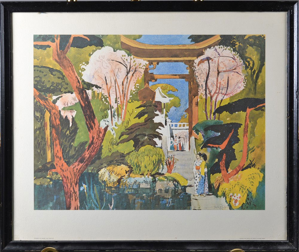 Framed Millard Sheets Print: Titled "Japanese Tea Garden, San Francisco," depicting a dense colorful garden with female figures. Millard Owen Sheets, (1907-1989), California, was known for modernist painting, genre, views, horse