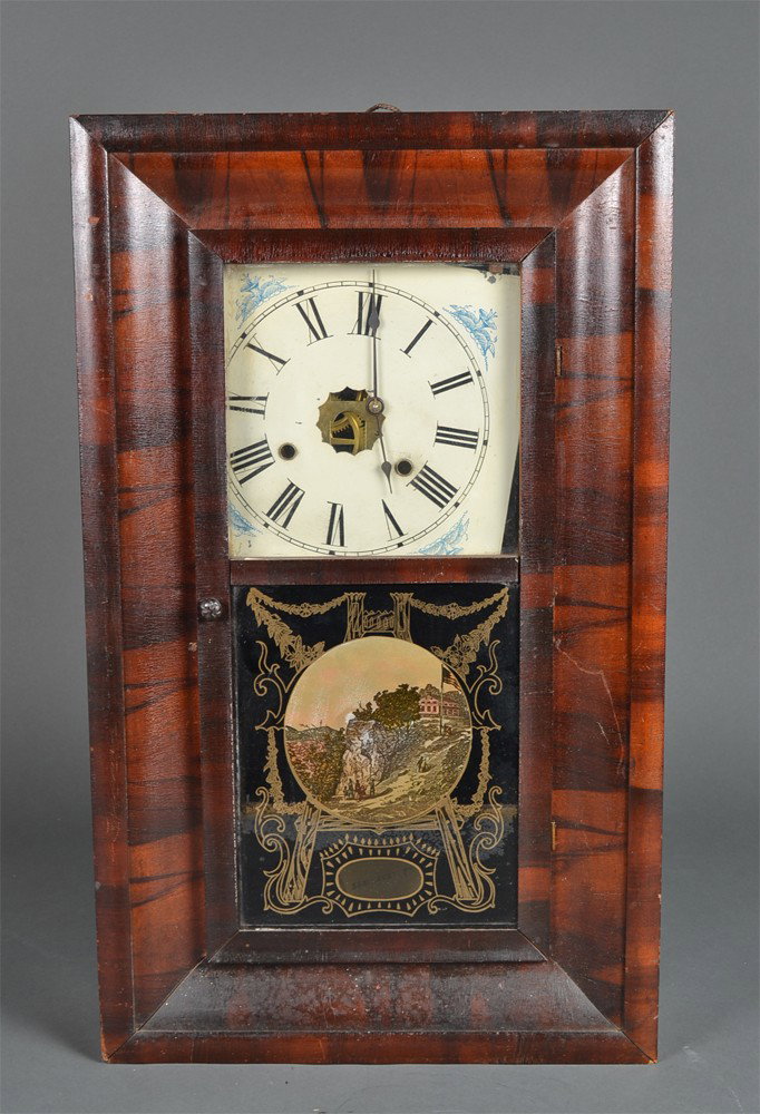 Antique Chauncey Jerome One Day Bracket Clock: Bronze one day looking-glass clock, with wood case with veneer, glass door with landscape, figure and American flag image, original newspaper backing and with two weights. 26" H x 15.5" W x 4" D. Loos