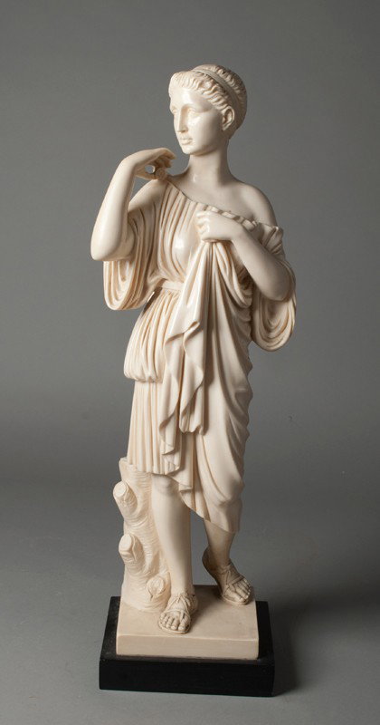 Large A. Santini Greek Statue: Composition statue depicting a Greek male in typical dress and sandals, standing next to a stump, attached to base. 24.5" H, with signature in reverse. Very good condition.