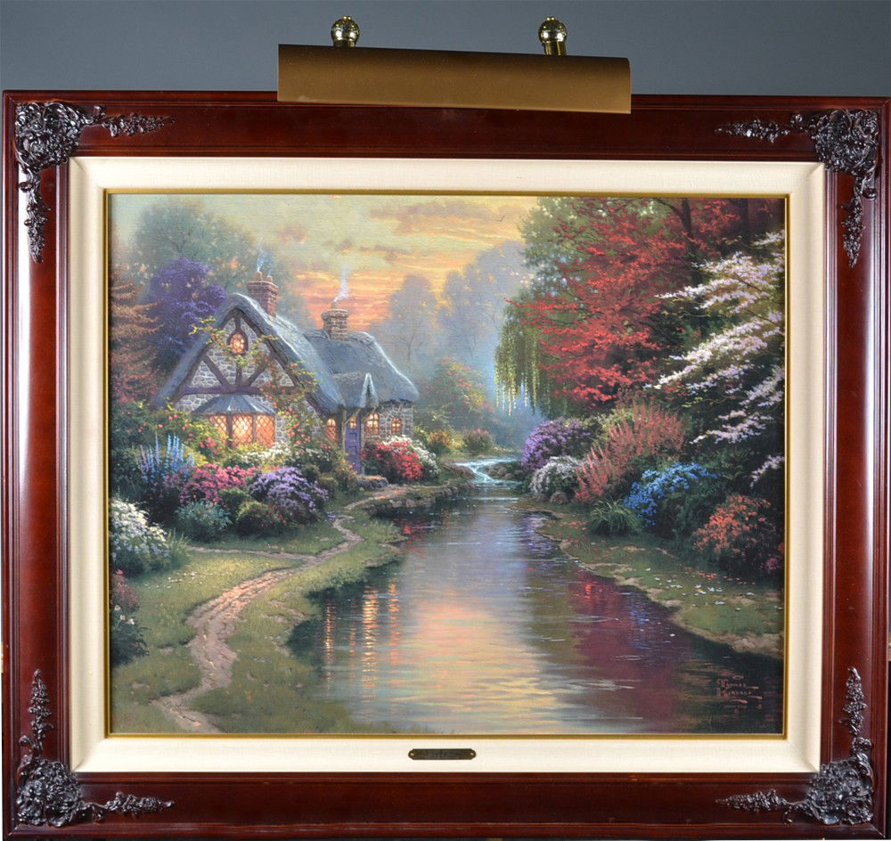 Thomas Kinkade Giclee Print Embellished with Oil: Titled, "A Quiet Evening," depicting a lighted cottage with oil highlights on canvas. Numbered 160/710P/P.I., with signature in LL. Printed signature in LR. Framed in a brandy frame, with attached nam