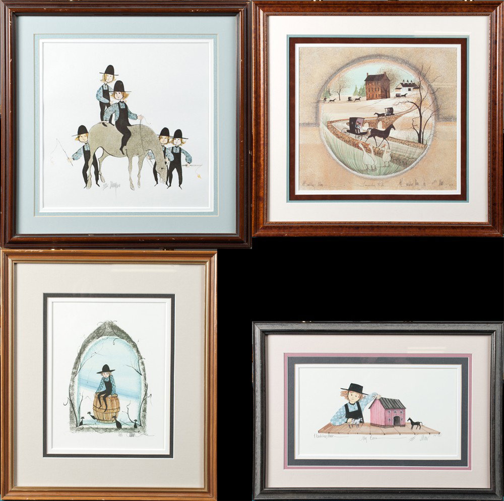 (4) Patricia Buckley Moss Signed Prints: Includes "Lancaster Ride," signed, dated 91 and edition 463/3000, "My Barn," signed, dated 94 and edition 236/1000, a young boy on a barrel, signed and edition 927/1000, and children with a horse, sig