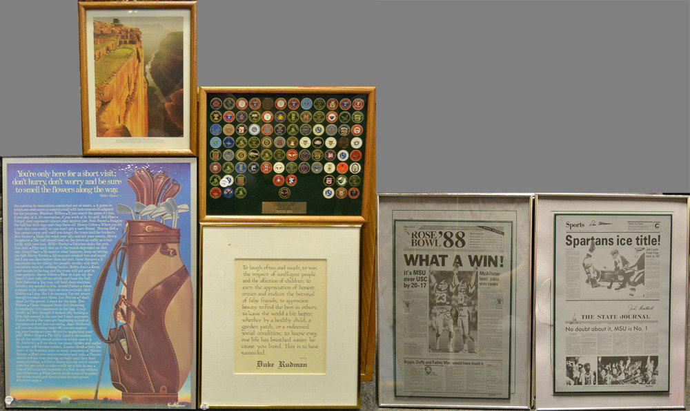 (6) Sporting Wall Hangings: Includes two newspaper prints for Michigan State with green matting, a poem by Duke Rudman, a image of the Grand Canyon with golfers, a Walter Hagen golf plaque with sayings from famous people, and a 