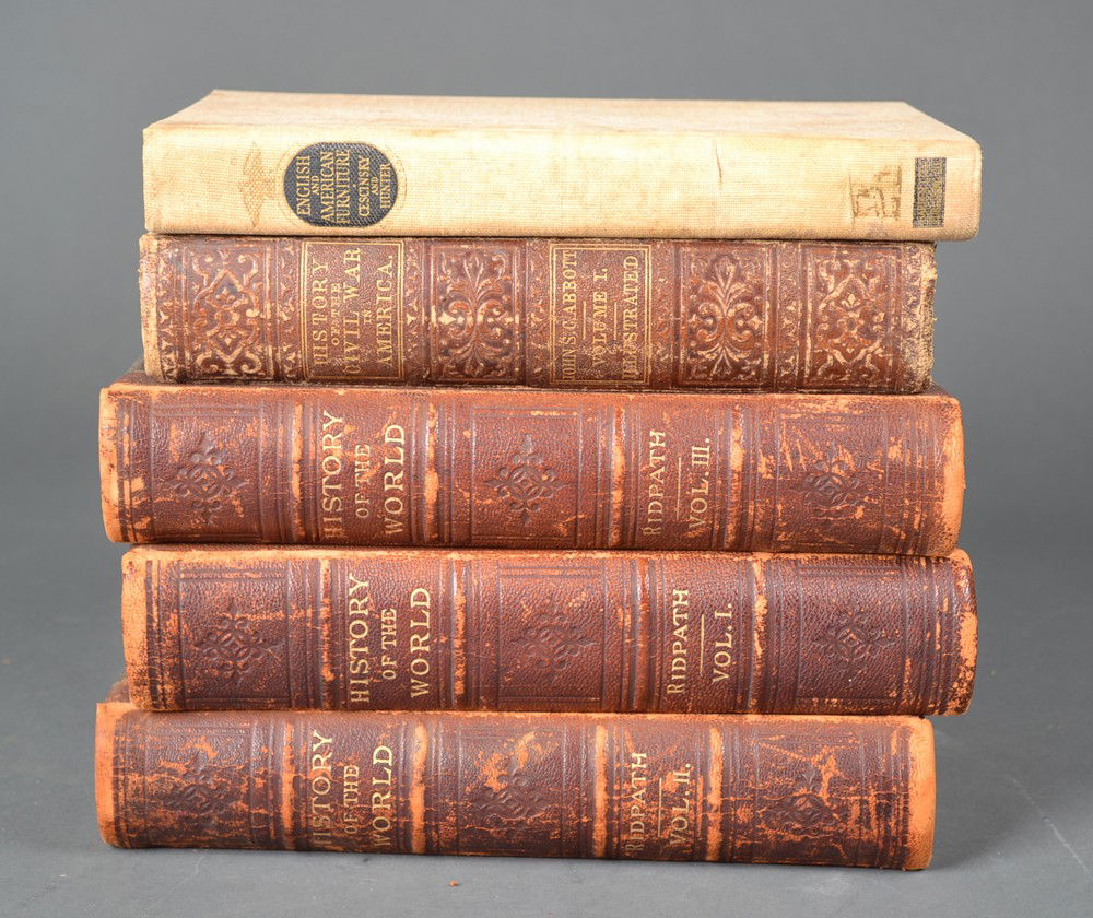 (5) History of the World, Civil War & Furniture Bo: Includes History of the World, volumes I, II, and III copyrighted 1885 by John T. Jones. History of the Civil War, Volume I by John S.C. Abbott, 1863. And English and American Furniture by Herbert Ces