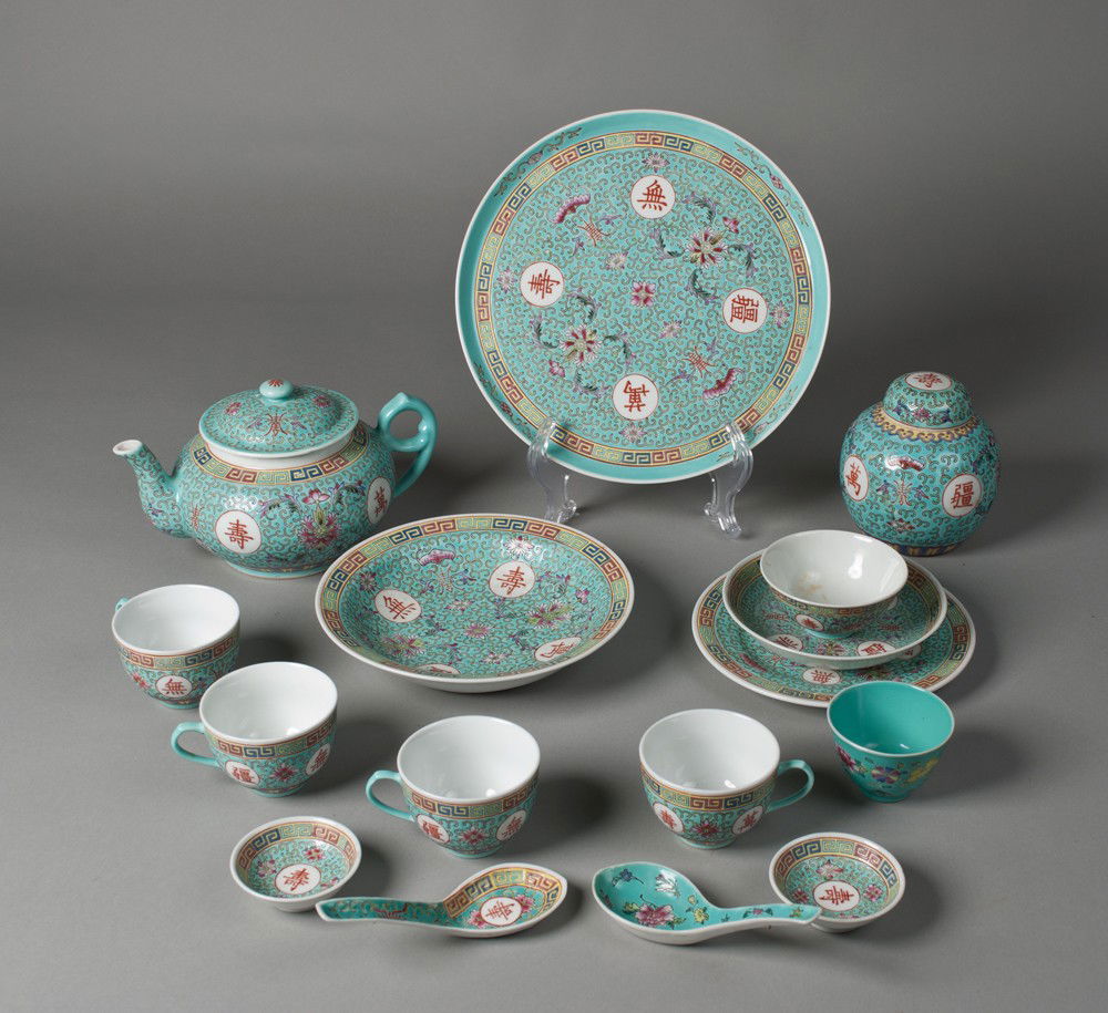 (16) Chinese Famille Rose Turquoise: Includes a tea pot, large tray, ginger jar, 4 handled tea cups, large bowl, small bowl, small plate, two tea cups, two sauce dishes, and two soup spoons. All marked on underside in iron red with facto