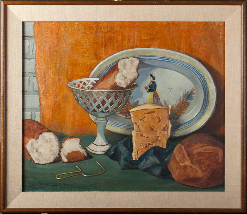 Elliot Bill Winton, Oil Painting on Artist Board: Painted to depict a still life with bread, cheese, a compote and a Quimper platter. Signed LL. Framed in a simple reed brown wood frame with linen matt. 24" H x 28.25"W, including the frame.
