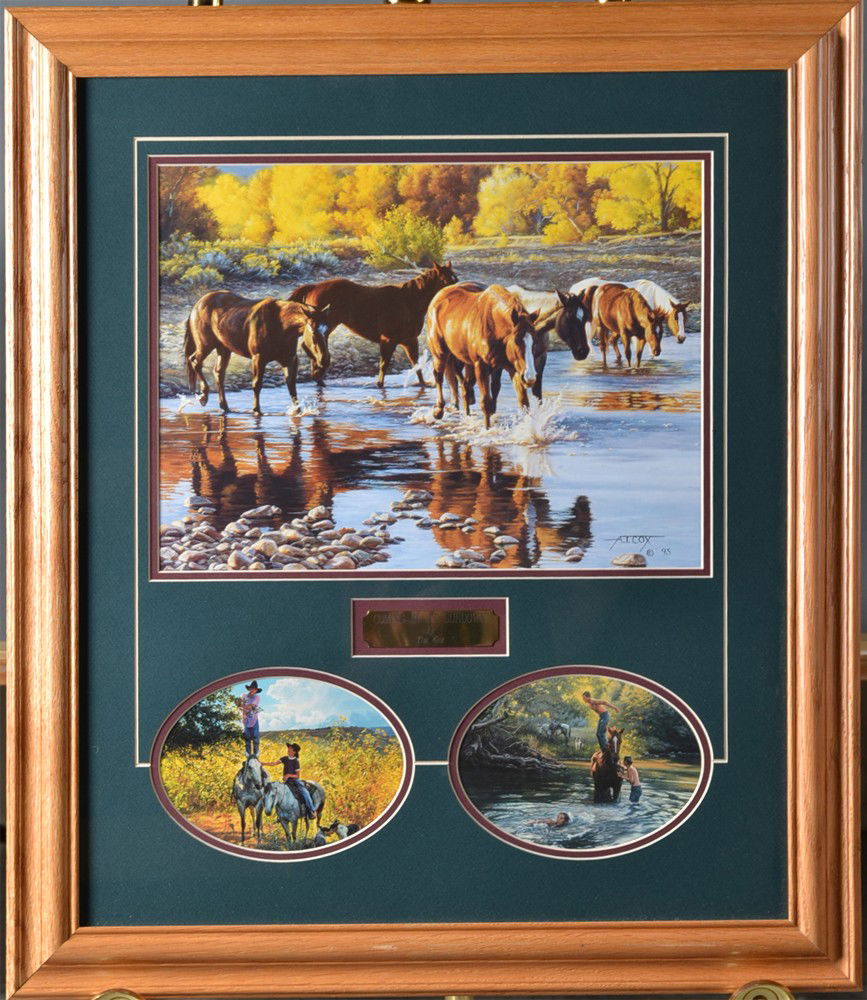 Tim Cox Framed Art Prints: Titled "Coming in at Sundown," with two additional horse and children prints at bottom. Double matted with title plate with artist, and framed in oak frame behind glass. 27.5" H x 23.5" W, including t