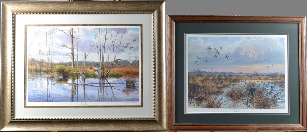 (2) Signed Duck Prints: To include framed duck print titled "Mixed Bag" depicting low flying ducks above water, signed Richard Plasschaert, number 146/5000, also to include unframed signed and numbered Jim Foote print depict
