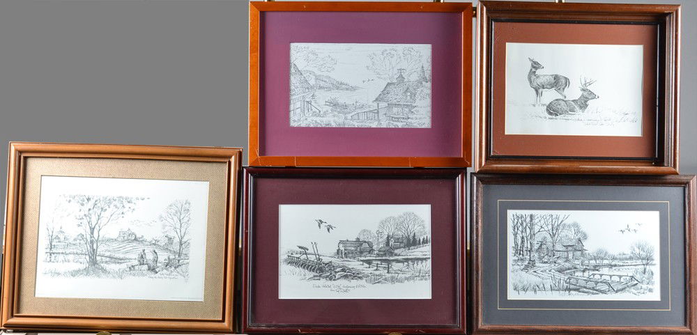 (5) Framed Terry Redlin Nature Prints: Including "Ducks Unlimited" "60th" anniversary edition, "White Tailed Deer Study", "Study for an Early Fall Migration", "Summer Sunset Retreat" sketch, and cabin scene with ducks and bridge. Tallest i
