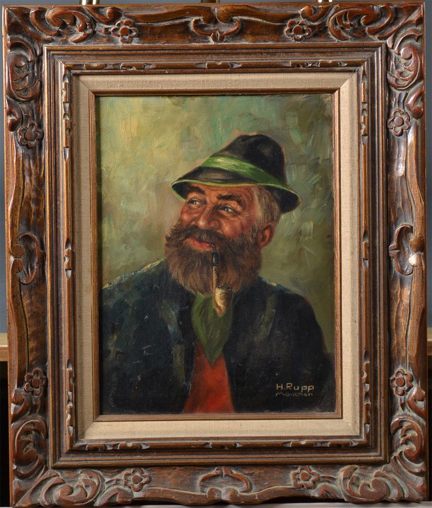 H. Rupp, German School Oil Painting on Canvas: Finely painted to depict a jolly elderly man smoking a pipe with a large grin. Signed H. Rupp Munchen in LR. Framed in a scrolled wood painted frame. 24" H x 20" W, including the frame. Circa 20th cen