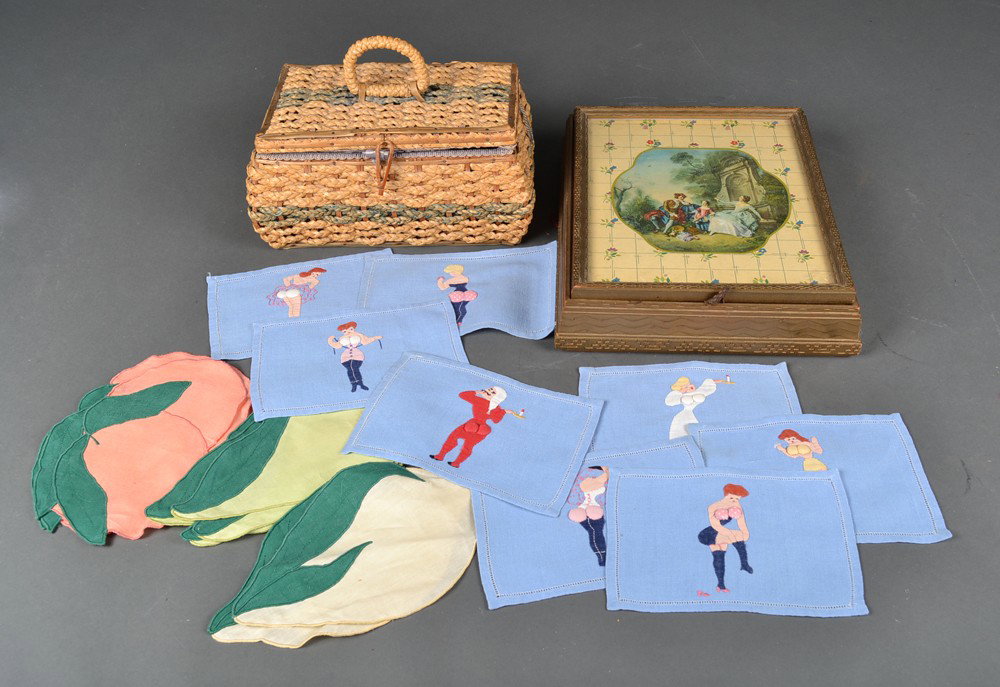 Sewing Baskets and Instruments: Includes a weaved sewing basket, and a lift lid basket decorated with Victorian figures, opening to reveal a mirrored back with three slots and numerous sewing instruments. Largest 11.75" L x 9.75" W.