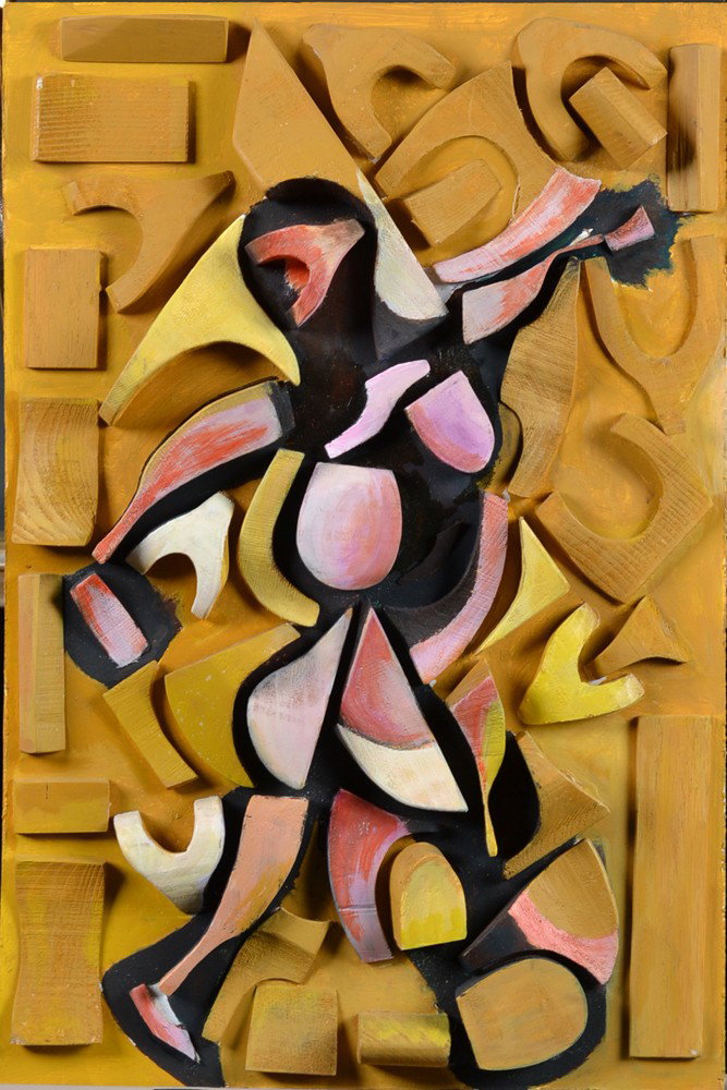 E.P. Smith Wood Relief Sculpture: Abstract of a figure walking, made from wooden shoe heels and molds and painted in mustard and pinks. Signed and dated 2005 en verso. 18" H x 12" W. Circa 2005.