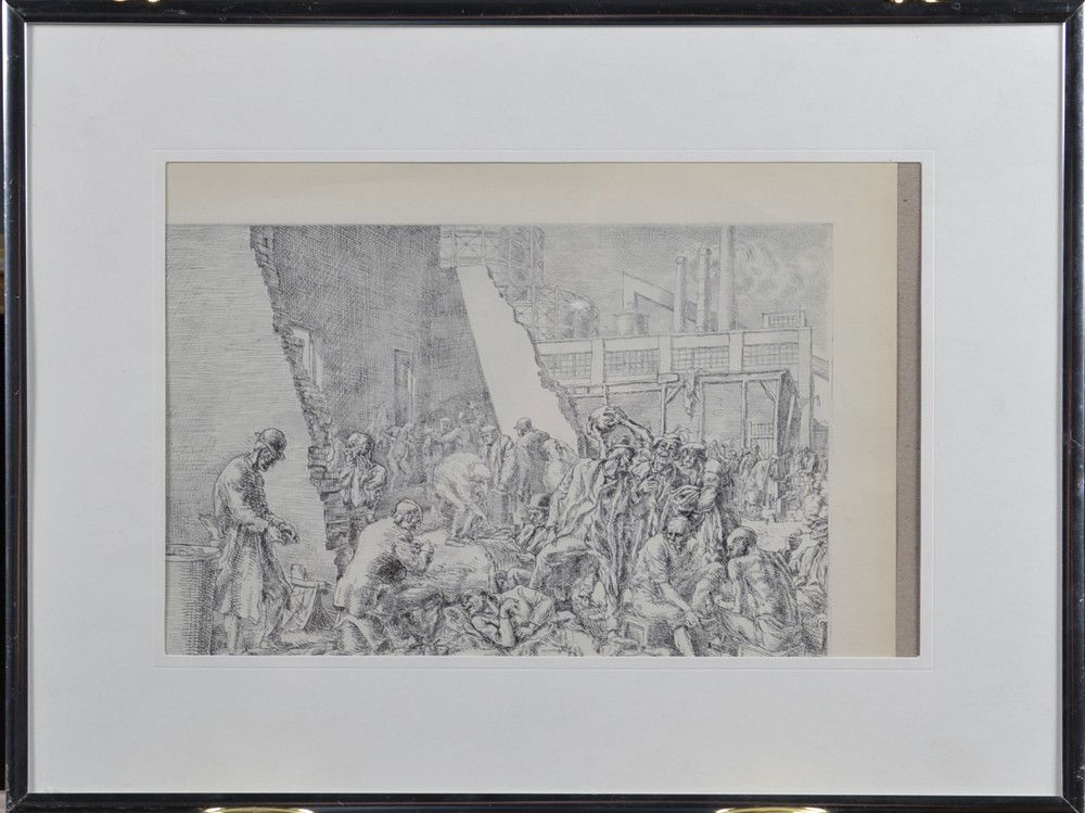 After Reginald Marsh, Etching on Paper: Depicts a WPA scene of crowds living in the street and factories in background. Print is free and slightly loose in metal frame and behind glass. 12.5" H x 16.5" W. Circa 20th century.