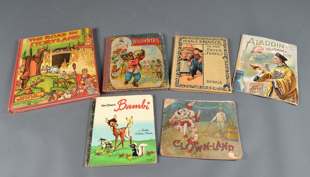 Grouping of (6) Children's Story Books: To include The Road In Storyland a collection of 20 stories, Palmer Cox's Brownies and Other Stories, A Trip To Clown-Land copyright 1916 Stecher Lith. Co. Rochester N.Y.,Hans Brinker or The Silver Sk