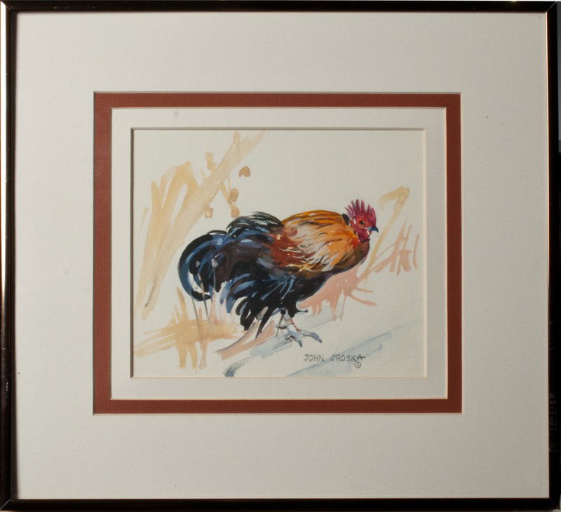 John Droska, Watercolor Painting on Paper: John Droska, 1920-2005, American. Resided in Georgia and California. Studied under Robert Wood, Rex Brandt, Howard Brodie and Tony Couch. Painted to depict a colorful chicken in brush. 6" H x 7" W (si
