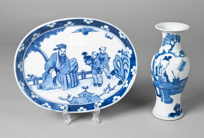 (2) Chinese Blue & White Porcelain Articles: Includes a vase decorated with figures at a table, red CHINA mark on bottom. Together with a small tray decorated with figures in a landscape. Longest 9.75" L, small rim chip to vase. Private collecti