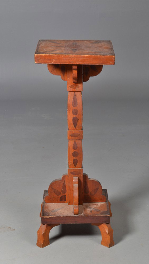 An American Folk Art Inlaid Stand: A very folky piece with inlay teardrop and dot designs, with scalloped cut out decorations and chip carved feet. Retains its' original surface, 32" H. Circa late 19th century. Private collection Grego