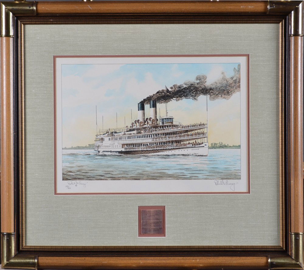Robert McGreevy, Hand Colored Lithograph: Depicting "Tashmoo" ship filled with figures, with original passenger ticket to Tashmoo Park below. Signed in pencil in LR, printed signature in LL, edition 22/50 in LL. Robert McGreevy (20th C.), Mic