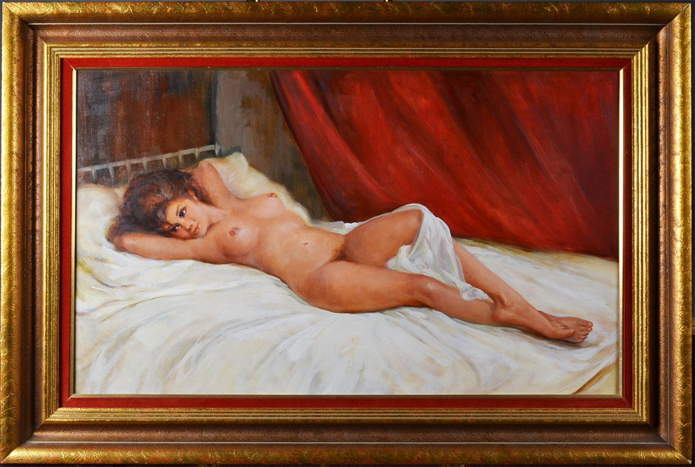 An Austrian Oil Painting on Canvas: Painted to depict a laying nude on white linen covered bed with red curtains. Monogramed or initialed TY en verso. Purchased in Austria and brought back to Michigan in the 1940's, appraised in the 199