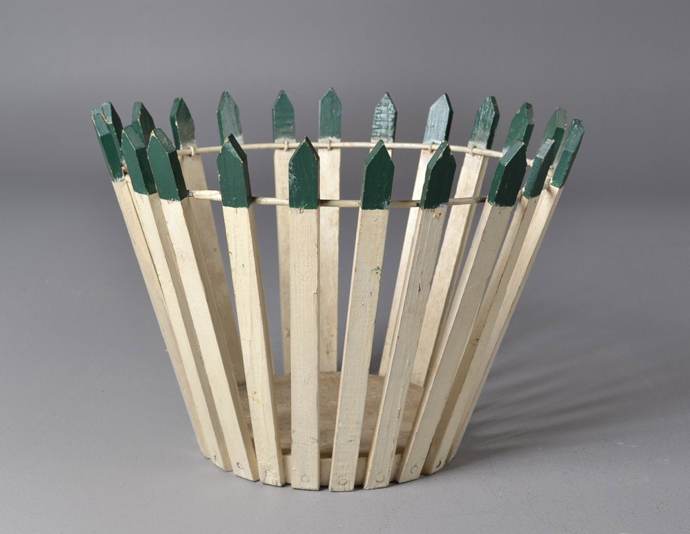 An American Wood and Iron Painted Basket: Painted green and white, with iron bands 9"H x 12"D, circa late 19th centry. Private collection Gregory, MI.