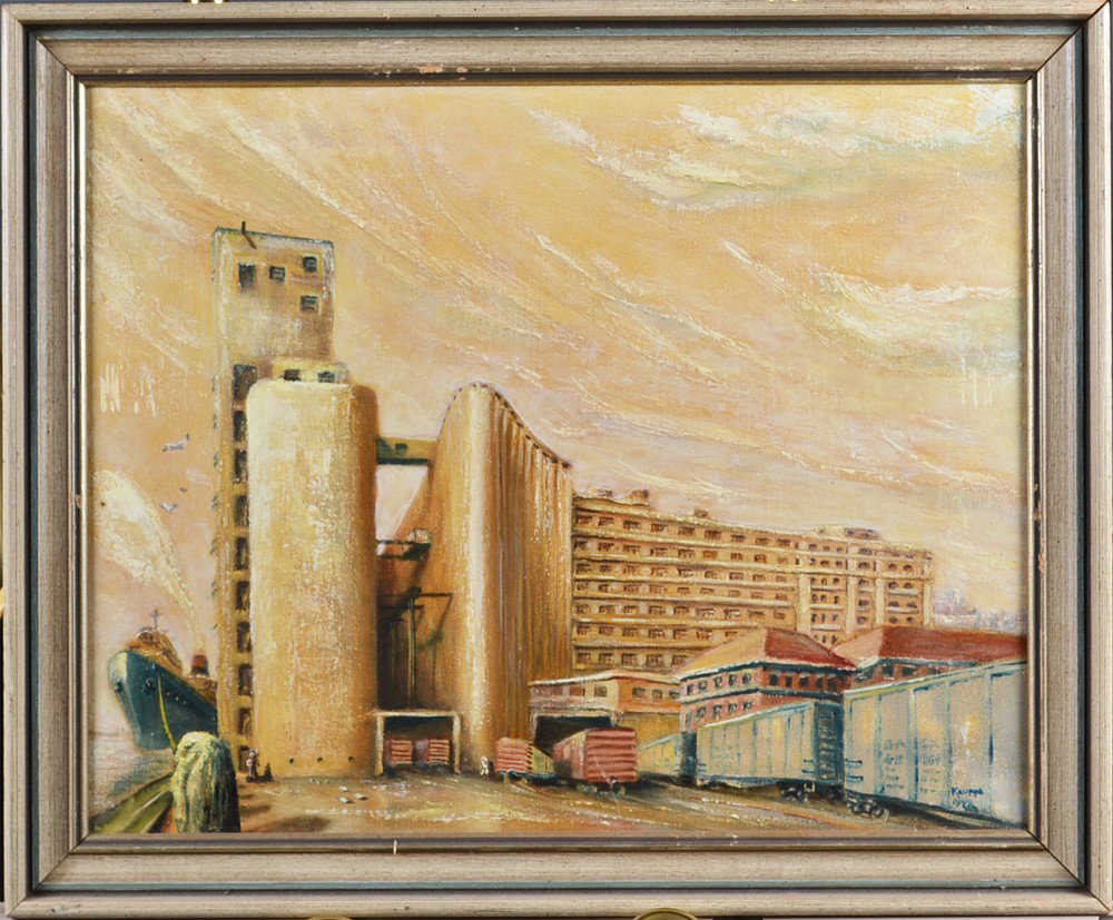 Signed WPA Style Oil Painting on Canvas: Depicting a freighter ship to left dock in a terminal Port with trains and multiple buildings, and possibly a grain elevator. Signed Kaupas or Kaupps and dated 1972 or 1942 in LR. We were told this wa