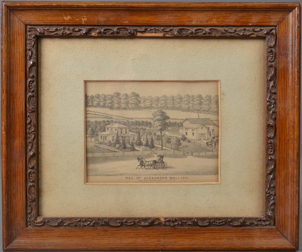 Early American Lithograph: Titled "Res. Of Alexander Mallion" 4.25" H x 5.75" W sight. 10.75" H x 12.75" W framed. Circa 19th century. Private collection Gregory, MI.