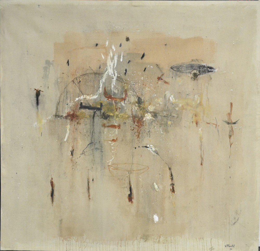 Vincente Pimentel, Oil Painting on Canvas: Very large, painted to depict an abstract. Vincente Pimentel, (1947-), France/Dominican Republic, known for abstract paintings. Signed and dated '90 in LR. Unframed, 72" H x 74" W. Private collection 