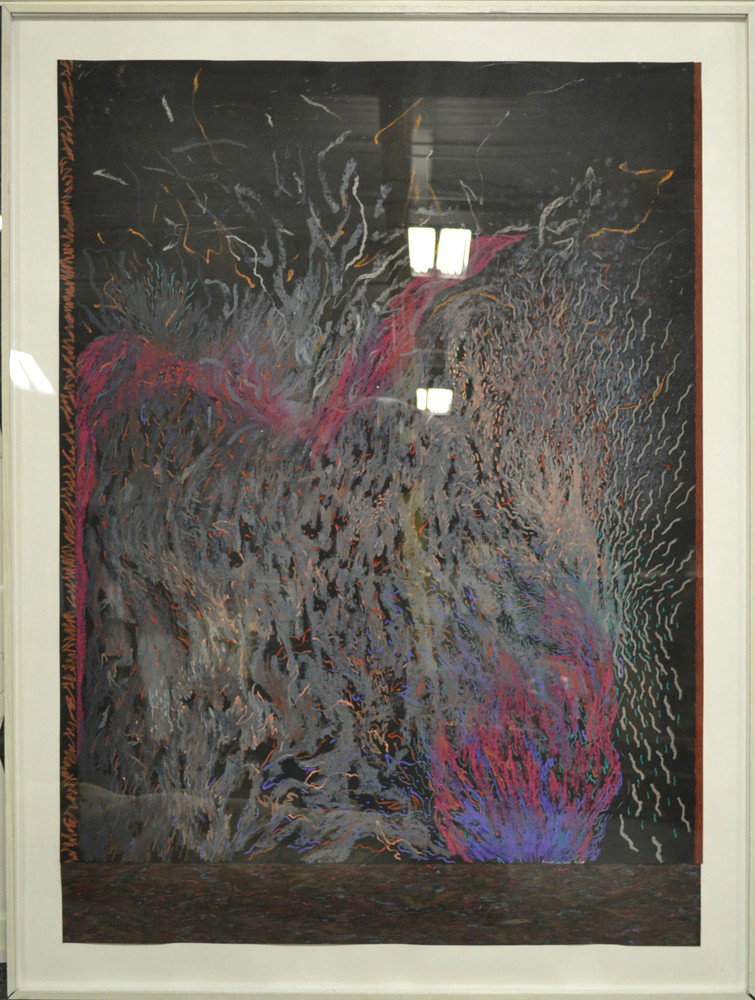 Nanette Carter, Oil Stick on Paper: Depicting a colorful view, presumably from a window, of leaves. Nanette Carter, (1954-) New York/New Jersey/Syrian Arab Republic, is known for collage and painting, earth forms and vaginal imagry. Fra