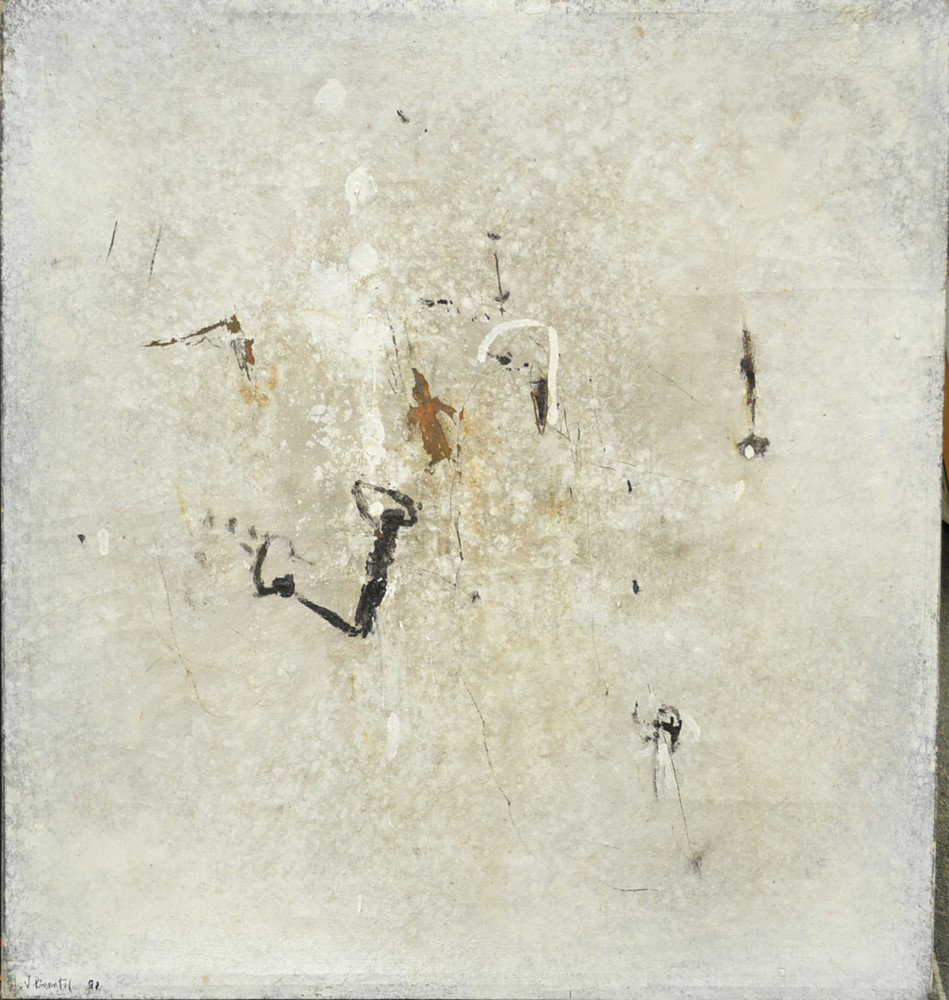 Vincente Pimentel, Oil Painting on Canvas: Large, painted to depict and abstract. Vincente Pimentel, (1947-), France/Dominican Republic, known for abstract paintings. Signed and dated 92 in LL, further signed en verso with Paris and 1992. Unfr