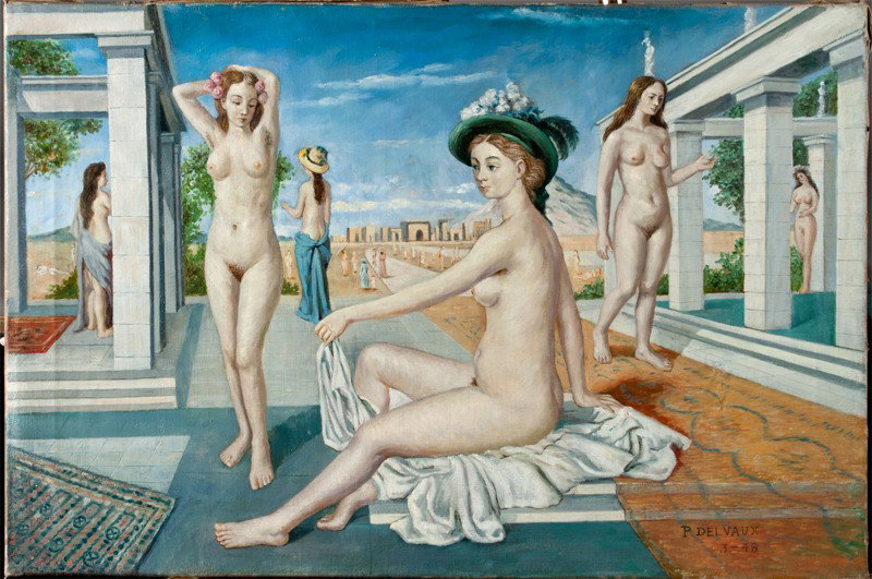 Style of P. Delvaux, Oil Painting on Canvas: Depicting surrealism of female nudes in an architectural landscape. Oil is on stretcher and has another image of a nude en verso. Signed P. Delvaux, and dated 3-48. Paul Delvaux, (1897-1994), Belgium,