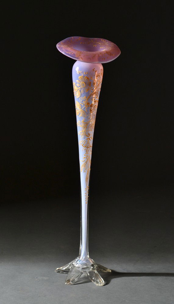 A Victorian Enameled Jack and the Pulpit Vase: Finely enameled in yellows to depict flowers against a pink ground glass, with petaled foot. 16.75" H, circa late 19th century. Private collection Ada, MI.