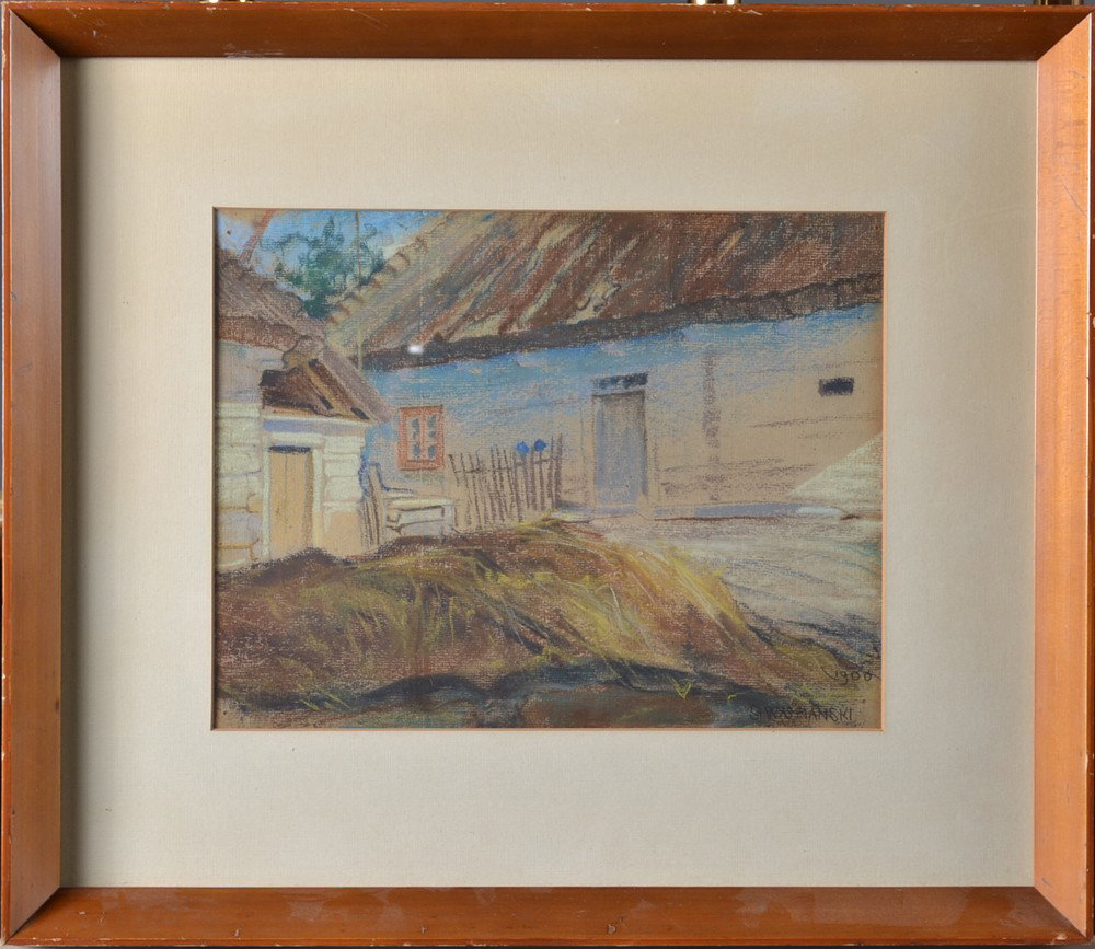 Stanislas Wyspianski, Pastel on Paper: Depicting a farm scene with hay lying along the side of a structure. Signed and dated 1900 LR. Stanislas Wyspianski (1869-1907), Poland, was known for his paintings.9.25" H x 12" W, sight, 16.5" H x 1
