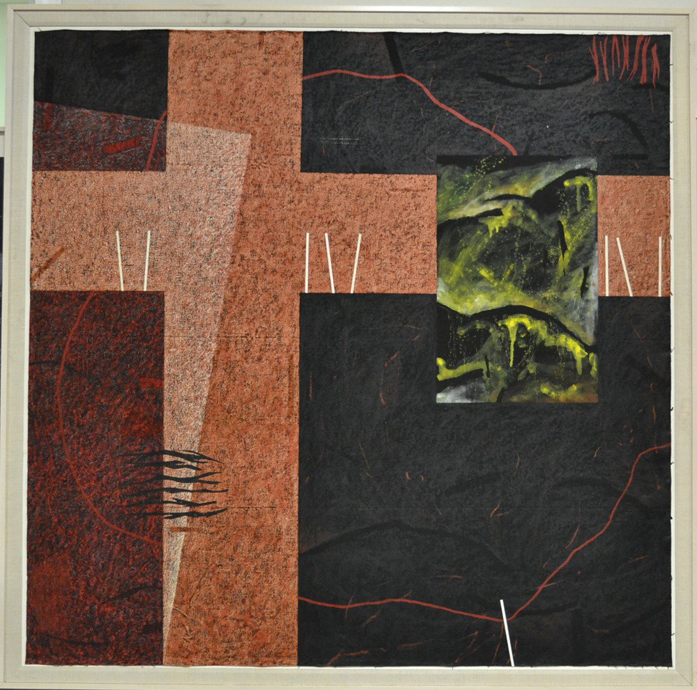 Nanette Carter, Oil Painting on Mylar: Titled, "Window View #4," depicting an abstract with with a small window right of center. Nanette Carter, (1954-) New York/New Jersey/Syrian Arab Republic, is known for collage and painting, earth for