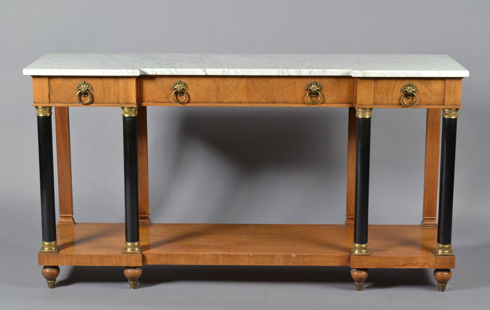 A Fine WM. A Berkey Furniture Classical Sideboard: Wm. A Bereky Furniture Company, a division of John Widdicomb, established 1881. Marble top sideboard with three drawers, with central dovetailed drawer, followed by ebony style columns and in wood and