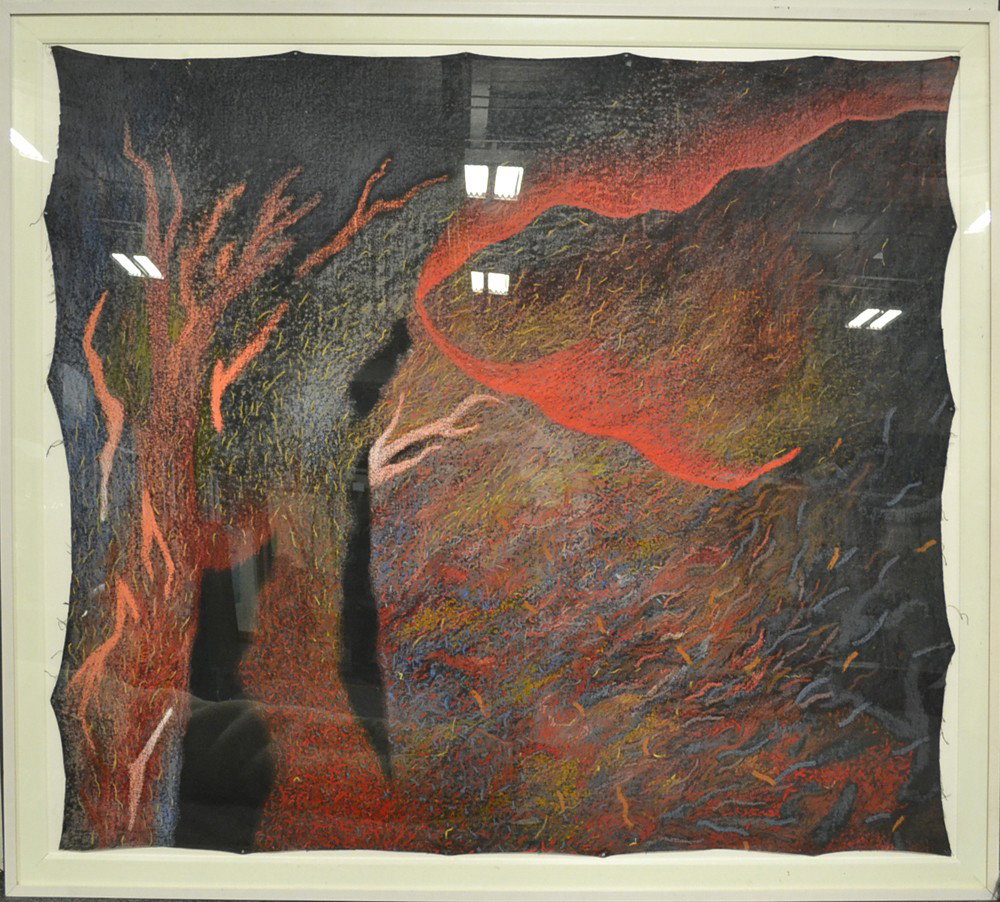 Nanette Carter, Oil Painting on Mylar: Depicting a colorful view presumably from a window of a blowing tree and leaves. Nanette Carter, (1954-) New York/New Jersey/Syrian Arab Republic, is known for collage and painting, earth forms and va