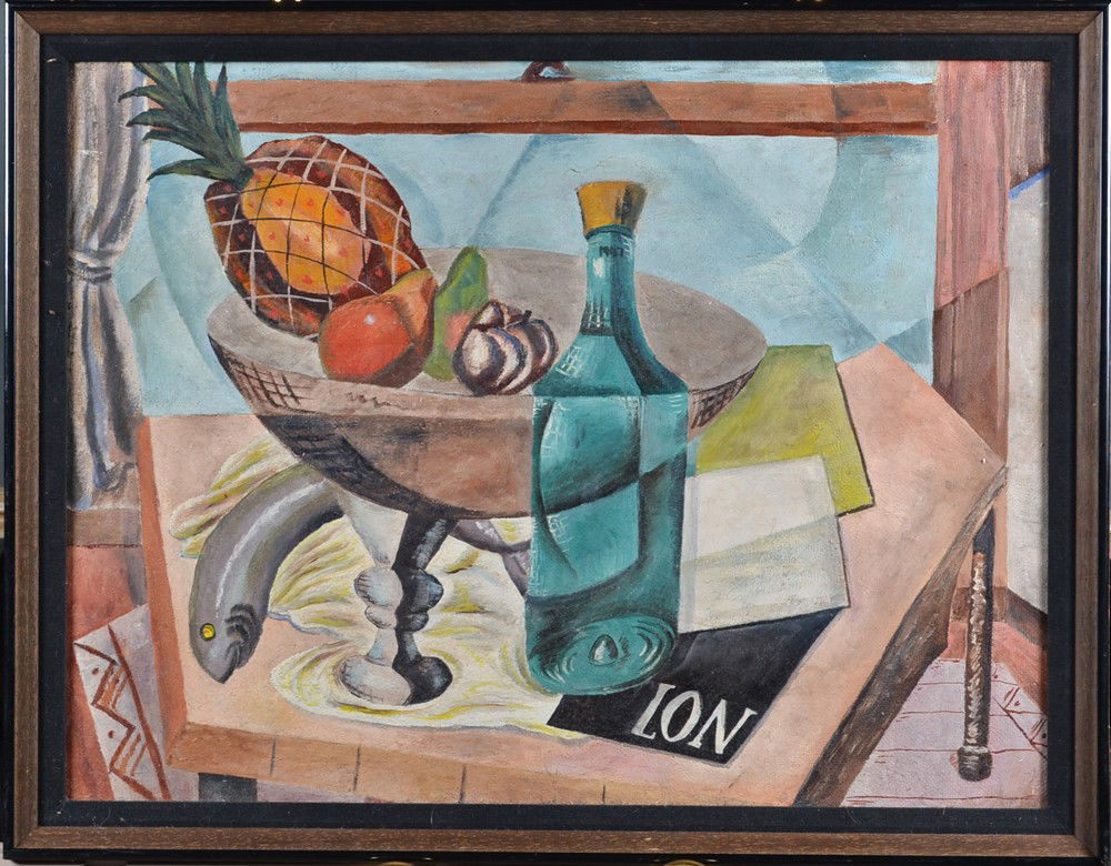 Early 20th C. Oil Painting on Artist Board: Cubist still life depicting fruit, fish and wine on a table. Rare to see a quality still life like this. Unsigned, framed in a appropriate style black and wood frame with black linen liner. Reminiscen