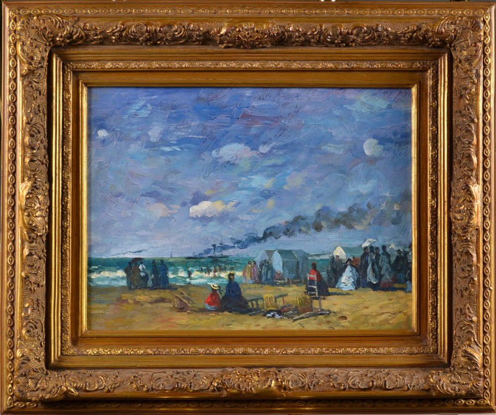 M. Baroni, Oil Painting on Board: Painted to depict a beach scene with several figures in groups waiting with a large ship in the distance and under a purple hue sky. Signed M. Baroni in LR. Framed in a gold carved wood frame, 11.5" H
