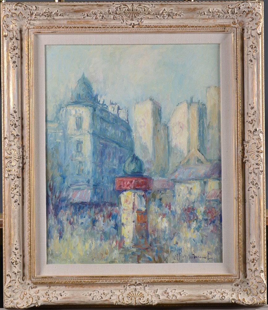 Hans Nowak, Oil Painting on Canvas: Titled "Street Scene," depicting a European stret scene with central phone booth. Signed LR, additionally signed and/or titled "H. Nowak (Paris) Saint-Andre-des-Arte" to back of canvase. Hans Nowak (1